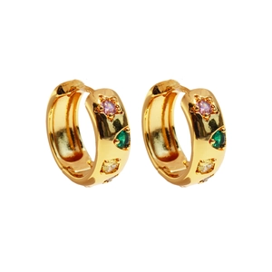 Golden hoop earrings with colorful zircon stones and pink diamond star accents