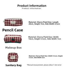 Detailed dimensions of cherry pattern storage bags including pencil case and cosmetic pouch