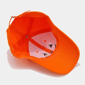 Vibrant orange baseball cap with six-panel construction and adjustable metal buckle