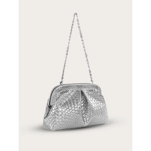 Detail of silver woven texture dumpling bag with metallic chain and frame closure