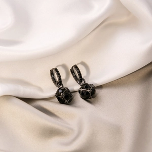 Vintage Black Rhinestone Hoop Earrings Alloy Geometric Faceted Crystal Dangle With Stainless Steel Earring Post For Women