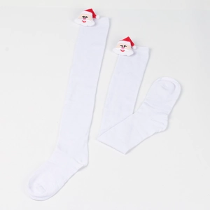 Detail of white knit over-the-knee socks with plush 3D Santa Claus holiday decoration