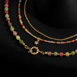 Bohemian multilayer necklace set with colorful semi-precious beads and star pendant