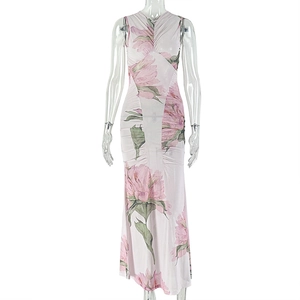 Detail of pink floral sleeveless maxi dress featuring elegant front ruching and slim fit