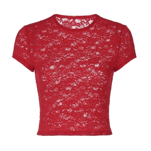 T-shirt en dentelle rouge ajusté avec motif floral ajouré et col rond pour femme