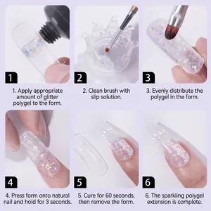 Glitter poly nail extension gel kit with dual forms and brush showing step-by-step guide