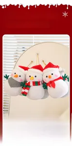 Three Christmas snowman plush hangers with striped scarves and festive red hats