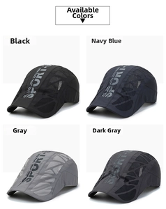 Close-up of breathable mesh sports caps in black, navy, and grey with SPORT embroidery