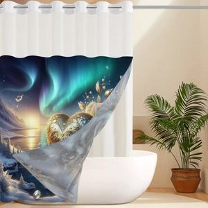 Vue détaillée du rideau de douche gaufré avec œillets métalliques et motif d'aurore