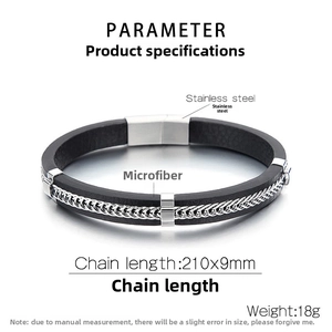 Detail view of mens black leather and stainless steel chain bracelet showing 210x9mm dimensions