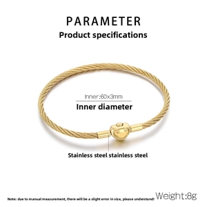 Detailed 60x3mm gold braided stainless steel wire bracelet with heart clasp and 8g weight