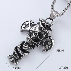 Hip hop skull and snake pendant with double axe design in polished stainless steel
