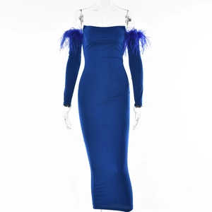 Blue bodycon dress with off-shoulder feather trim and long sleeves for autumn party wear