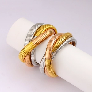 Three-tone triple layered flexible snake wrap bracelet in gold, silver and rose gold
