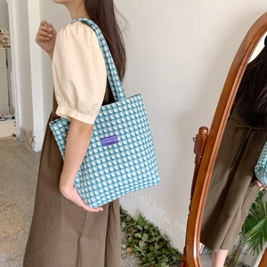 Blue and white plaid woven tote bag shown on shoulder in a cozy indoor setting