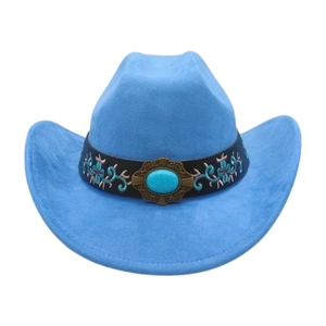 Detail of bohemian sky blue denim jazz hat featuring floral embroidery and turquoise stone