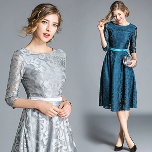 Women Lace Embroidery Midi Dress Elegant Half Sleeve Round Neck Slim Fit A-Line Big Swing Cocktail Party Gown