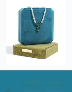 Detail view of octagonal velvet jewelry boxes with elegant pearl necklace display