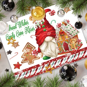 Christmas forest gnome placemat with gingerbread house pattern and holiday motifs