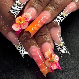 3D floral coffin press-on nails with orange gradient and animal print patterns