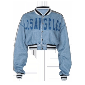 Detailed view of Los Angeles denim baseball jacket with ribbed collar and metal buttons