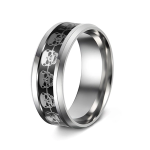 Close-up of gothic punk ring featuring silver skull reliefs on black enamel surface