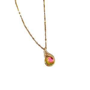 Titanium steel gold necklace featuring a sparkling iridescent pendant with micro-inlaid stones