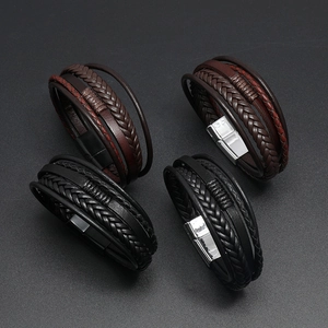 Handmade multilayer braided leather bracelets in black and brown with magnetic metal clasps