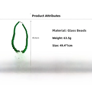 Detail specifications of green glass bead necklace showing 63.5g weight and 49.4cm length