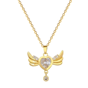 Golden heart wing tassel necklace with sparkling crystals on white background