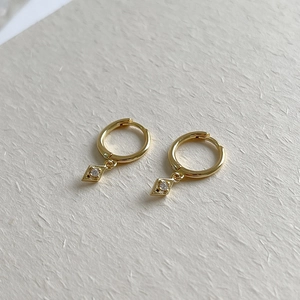 Minimalist S925 sterling silver rhombic hoop earrings with sparkling zircon dangles