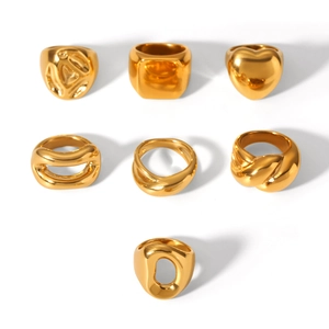 Set of 7 polished gold stainless steel rings in geometric heart and croissant styles