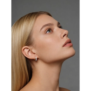 Minimalist s925 sterling silver square hoop earrings with brushed finish on female model