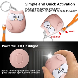 Pink owl security alarm with LED flashlight, pull-ring activation and orange lanyard