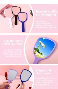 Detail of handheld makeup mirror with ergonomic handle and HD electroplated aluminum lens