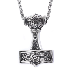 Vintage silver Mjölnir pendant necklace with Viking compass patterns and twist chain