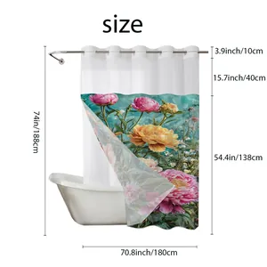 Detailed size chart for waterproof floral shower curtain measuring 180cm width and 188cm height