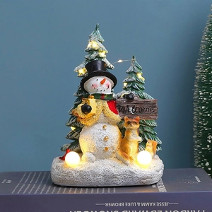 Lighted Christmas snowman and tree resin figurine with warm LED lights and welcome sign
