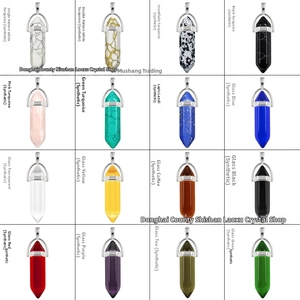 Detailed grid showing sixteen hexagonal crystal column pendants in various natural stones