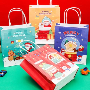 Christmas gift paper bags with snowman and elk illustrations in four festive colors