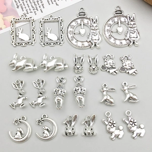 Antique Silver Easter Bunny Alloy Pendants Multiple Styles Rabbit Moon Clock Shapes For DIY Jewelry Making Keychain Pendant