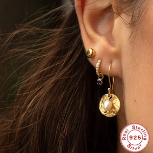 S925 Sterling Silver Gold Heart Earrings Set with Zircon and Pearl Accents on Model