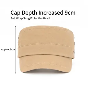 Khaki cotton flat top military cap with 9cm deep crown for men outdoors