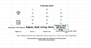 Size chart for women's knitted cardigan with 100% polyester fabric and washing guide