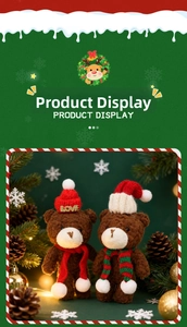 Detail of two handmade crochet Christmas teddy bears with red scarves and festive hats