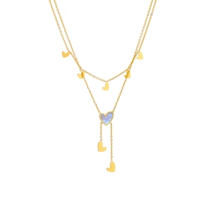 Double Layer Heart Pendant Necklace Titanium Steel Mother Of Artificial Pearl Inlay Y Shape Fringe Golden Fashion Jewelry For Women