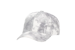 Detail of gray tie-dye baseball cap featuring marble patterns and fine stitching on canvas