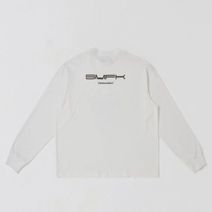 Detailed view of SMFK PERMANENT black letter print on white long sleeve cotton t-shirt