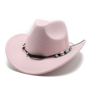 Pink wool felt western cowboy hat with shell beads and black woven band detail