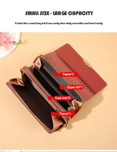 Detail view of pink leather wallet bag featuring card slots and zipper compartments
